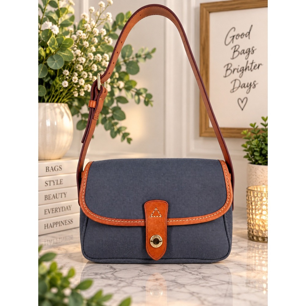 Dooney & Bourke Navy Canvas Tan Leather Trim Shoulder Bag V1632355